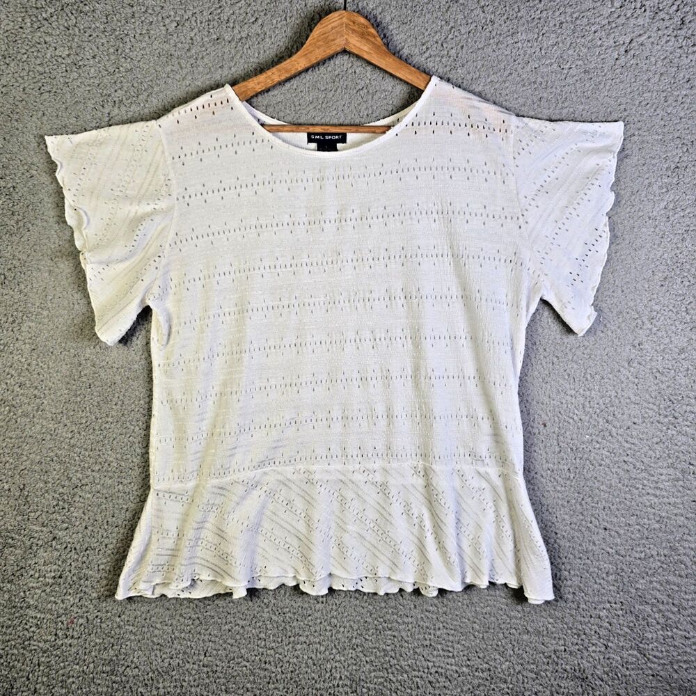 SML Sport Large White Eyelet Knit Ruffle Peplum Flutter Sleeve Summer Top Shirt